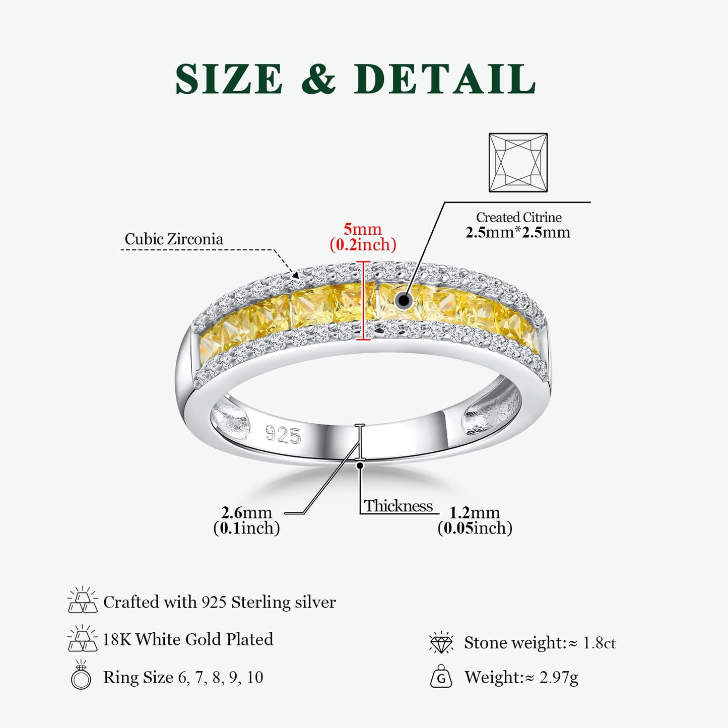 RANDES 925 Sterling Silver Citrine Ring Half Eternity Band Rings for Women Channel Set Princess Cut Yellow November Birthstone Ring Size 9