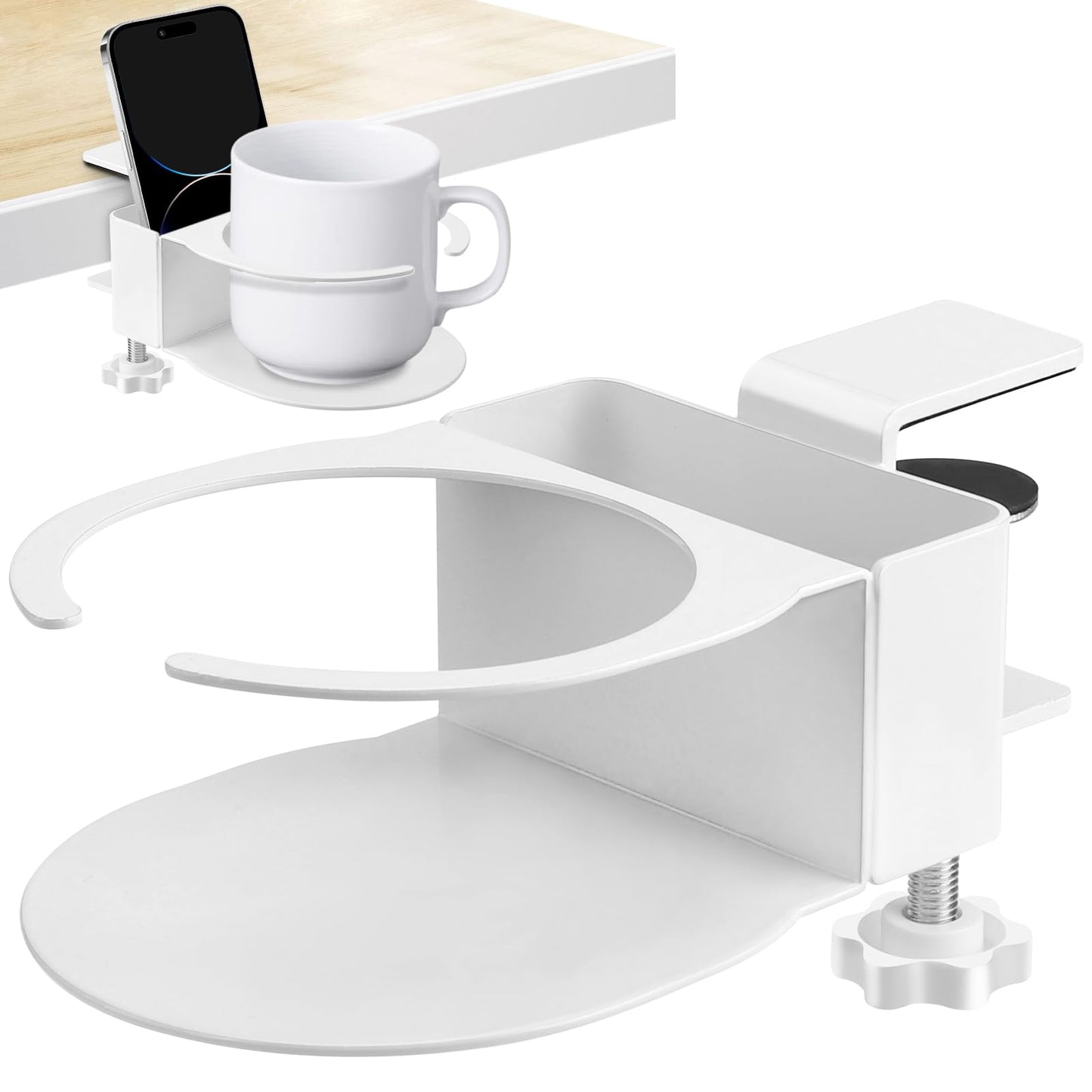 Desk Cup Holder for Coffee Mugs, Tumblers, Water Bottles with Mobile Phone Stand, Anti-Spill Metal School Home Office Accessories (White-1)