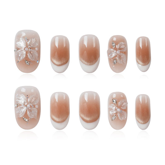 Tesytto Handmade Press on Nails Almond Shape Glossy Reusable False Nails for Nail Art (Gold Shimmer Crystal, S)