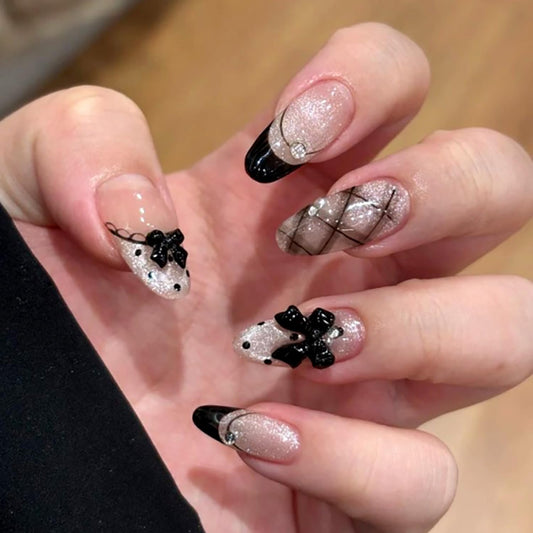 Black Silver Glitter Press on Nails Almond Shape, French Tip Grid Bowknot Design, Glossy Nude Base, Cute Cool Style False Nails for Girls and Women with Rhinestones, Daily Party Nail Art