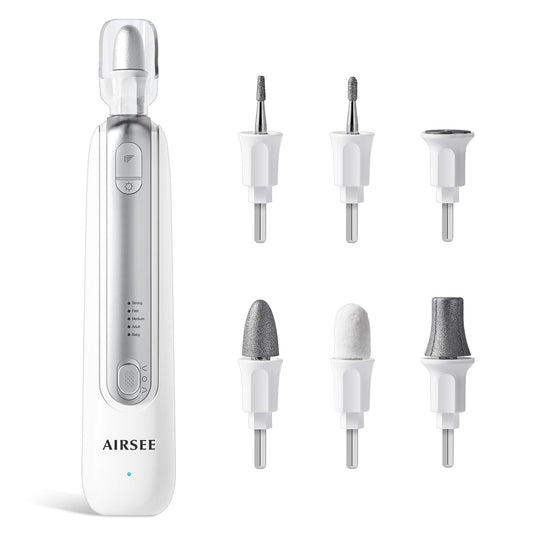AIRSEE Professional Manicure Pedicure Kit,Cordless 6 in 1 Electric Nail File for feet,5 Speed Rechargeable Pedicure Tools for Thick Nail Toenail Cuticle, Hand Feet Trimmer Buffer for Women Men,White