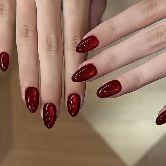 HOSAILY Red Cat Eye Press on Nails Almond, 24pcs Glitter Burgundy Fake Nails Short Stiletto, Winter Xmas Black Dark Red Glue on Nails Press ons, Glossy Shiny Bling Natural Stick on Nail for Women Gift