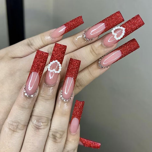 Press On Nails Long Square Fake Glossy Glitter with Rhinestone & Pearl - French Tip Glue on Nails - Artificial, Valentines Day, Acrylic - 24Pcs
