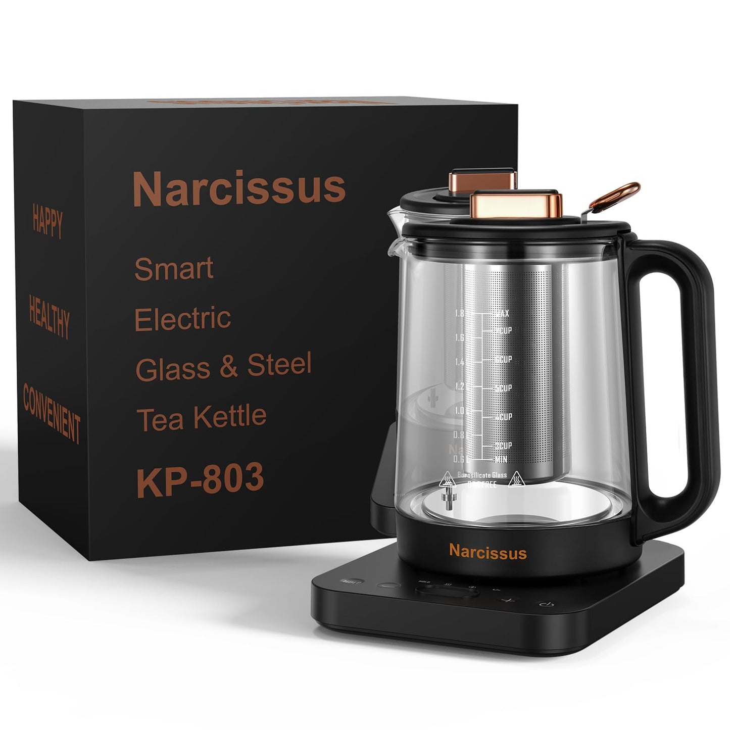 Narcissus Electric Kettle Temperature Control ±5℉, 1.8L Glass Electric Tea Kettle with Removable Infuser for Flowers & Fruit Tea, 1200W Fast Boiling, 6 Hours Keep Warming, Black