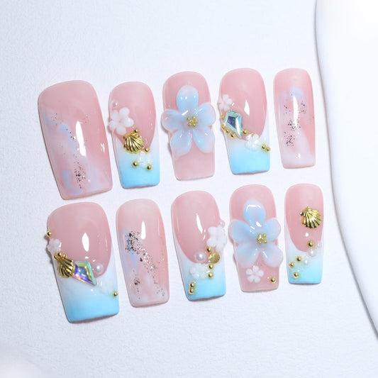 10Pcs Long Coffin Handmade Press On Nails | Easy Apply & Remove, Reusable Salon Quality Nails | Fresh Summer Pink Blue Fake Nails with 3D Flower, Gold Seashell & Rhinestone French Accents (O907, S)