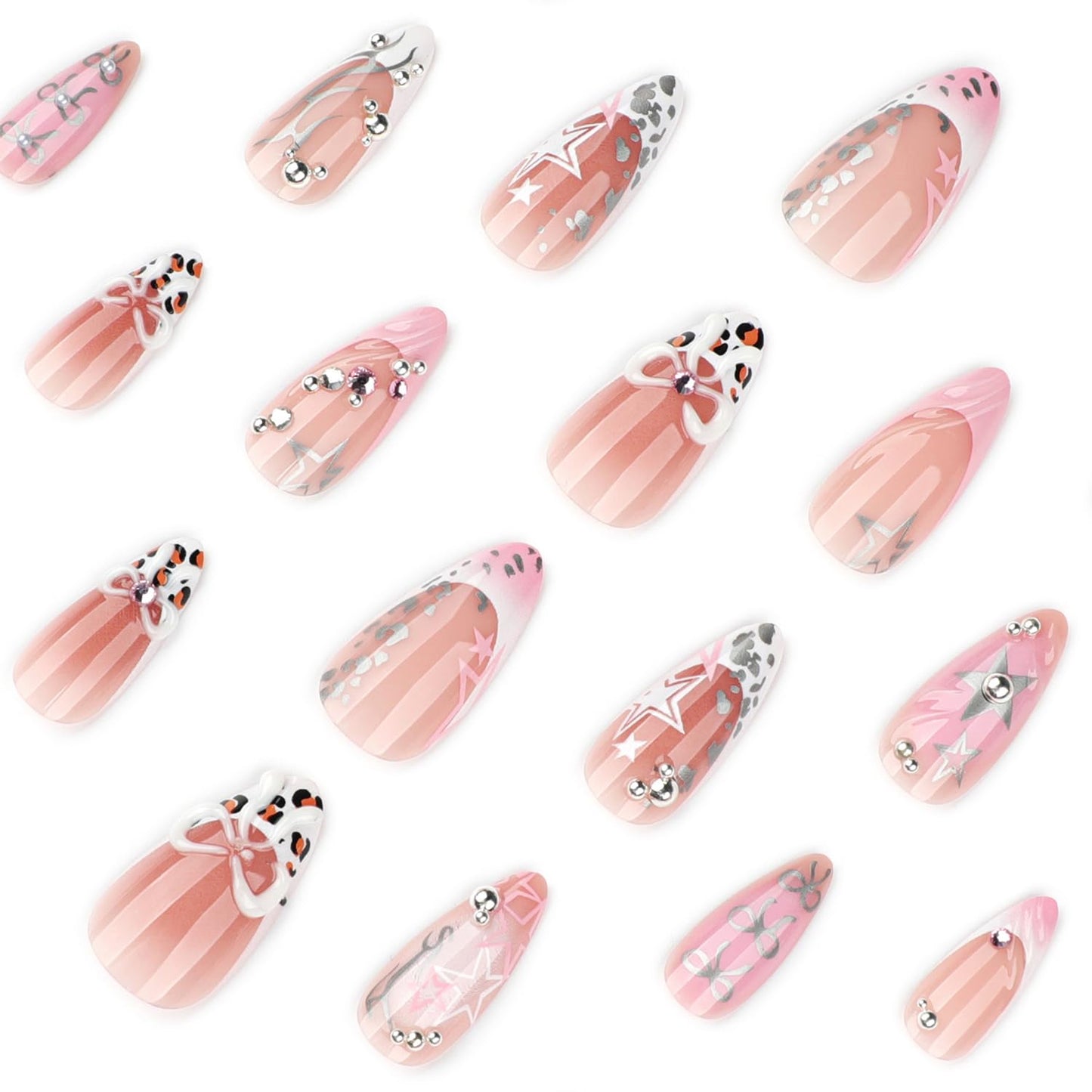 24Pcs Leopard Print French Tip Press on Nails Short Almond Fake Nails with 3D Rhinestone Design Star Bow False Nails Nude Glossy Full Cover Y2K Stars Bow-Knot Artificial Stick on Nails for Women
