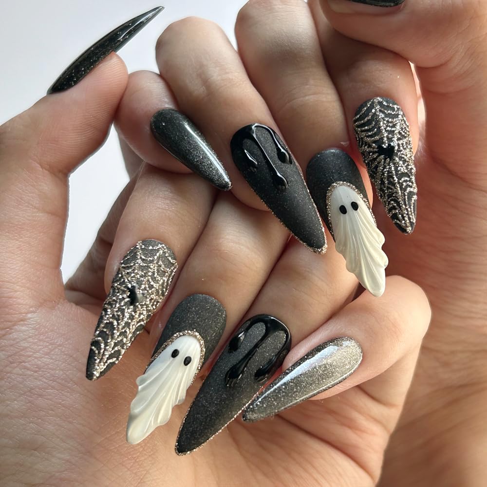 MAGLFELL Halloween Press On Nails Handmade Long Stiletto Fake Nails, Apparition nails Sparkling Design press ons,10 Pcs Reusable Painting Fingernail Tip Salon Artificial Nails Kit (Size S）