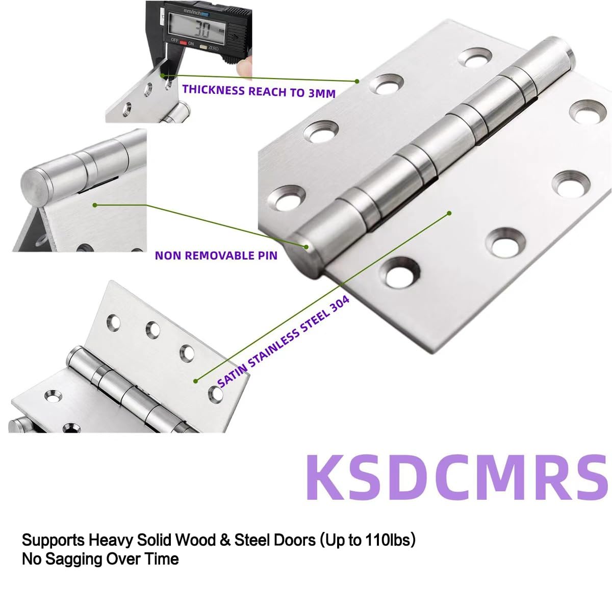 4" Stainless Steel Door Hinges, Heavy Duty 4 x 4 Inch Ball Bearing Non Removable Hinge Pin for Interior and Exterior Ourtswing Door or Gate Security-3 Pack,Silver