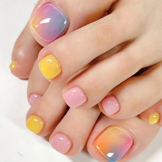 Summer Press on Toenails Short Square Fake Toe Nails with Colorful Blending Designs Cute False Toenails with Jelly Glue Pink Yellow Glossy Full Cover Acrylic Toenails for Women 24Pcs