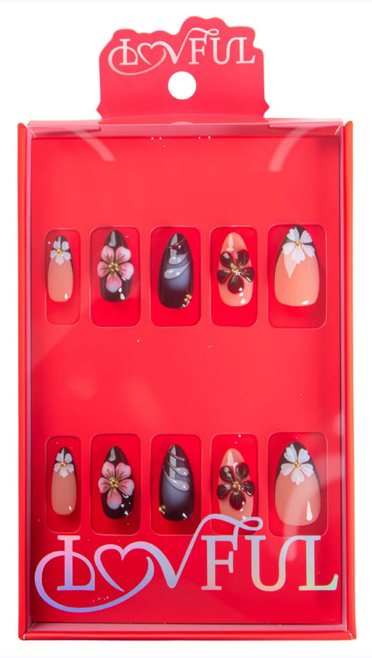 LOVFUL Reusable Press on Nails | Sakura Noir | Salon Quality Sustainable Style Handmade with Full Covered Crystals | Almond Regular 1.0 in | H747-S