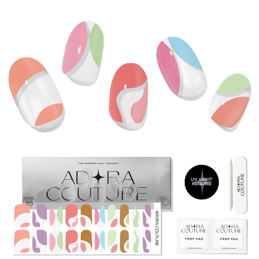 Adora Couture Semi Cured Gel Nail Strips with 20 Pieces - UV Gel Stickers, Manicure Kit, Easy Application Wraps Includes Prep Pads, Nail File, Wooden Stick - UV Light Required (Summer Fun)