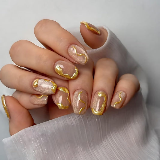 XZMeiLun Nude Cat Eye Press on Nails Short Square, Irregular Chrome Gold Line Glitter Acrylic Fake Nails, Salon Quality Reusable Magnetic Press Ons, Daily Wear Nail Kit Gift for Women Girls