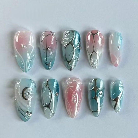 EYZOTSF Press on Almond Nails Medium Length Glossy Full Cover Acrylic Almond Shaped False Nails with Designs Artificial Fake Nail with Charms Glue Stick ons Fingernails for Women Girls(Z1116)
