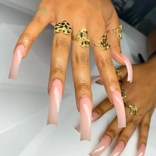 IMSOHOT Curved Press on Nails Long Square Fake Nails Glossy Nude False Nails Full Cover Glossy Acrylic Artificial Extra Long Stick on Nails for Women 24Pcs