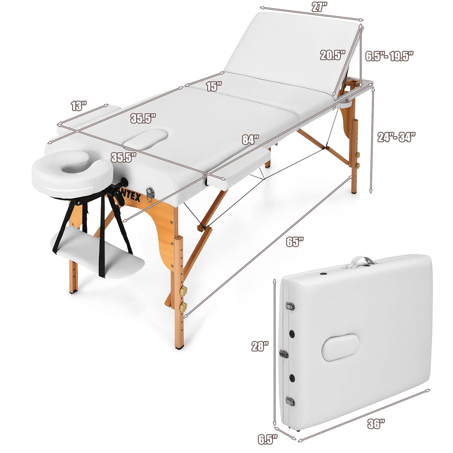 Giantex 84inch Folding Massage Table Lash Bed, Portable 3 Sections Spa Salon Tattoo Bed with Face Cradle Armrests Wooden Legs, Professional Massage Bed Height Adjustable with Carry Case (White)