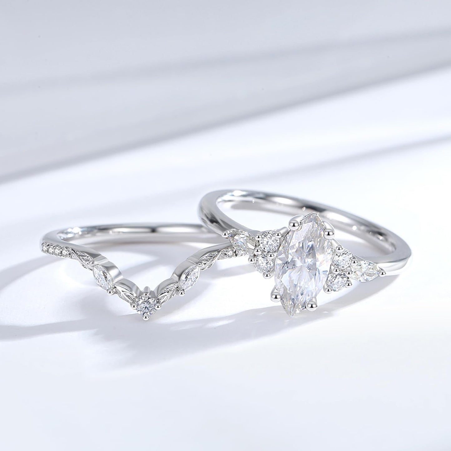 Jaransheti Marquise Cut Moissanite Engagement Ring Set For Women 18 K White Glod Plated S925 Sterling Silver Moissanite Wedding Band and Ring Set Vintage Ring Jewelry Gift(S9)