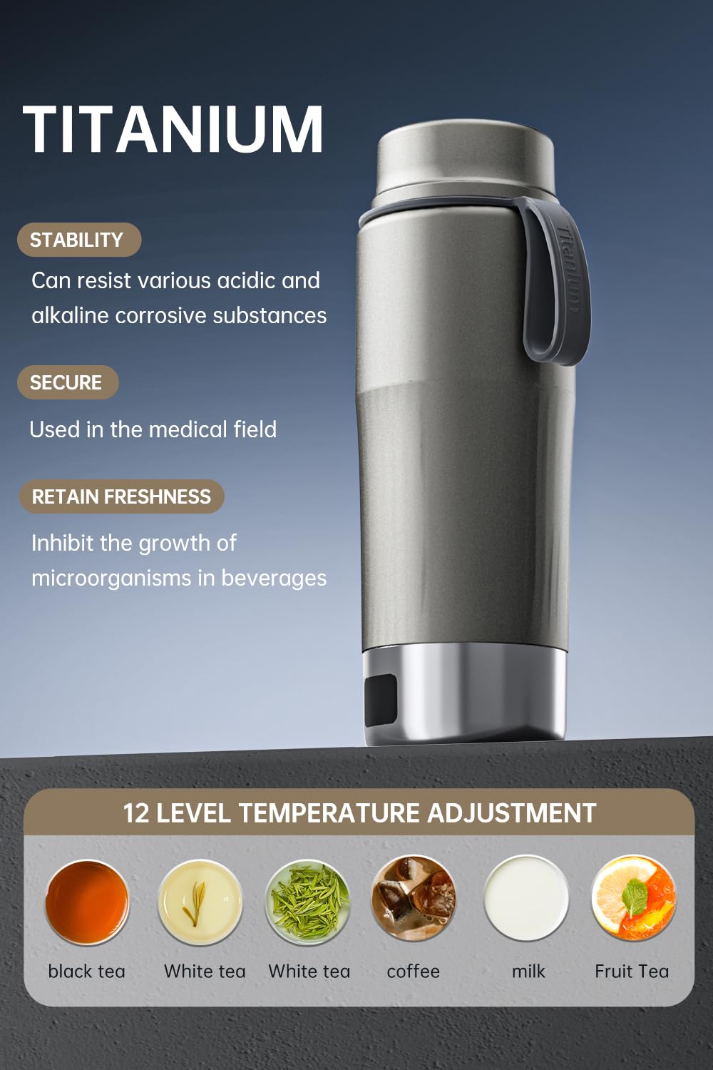 pure titanium electric kettle - portable water heater for travel, double-layer vacuum sealed titanium water bottle to boil and regulate temperature。100V-240V Smart Small Water Boiler for Tea 380ML
