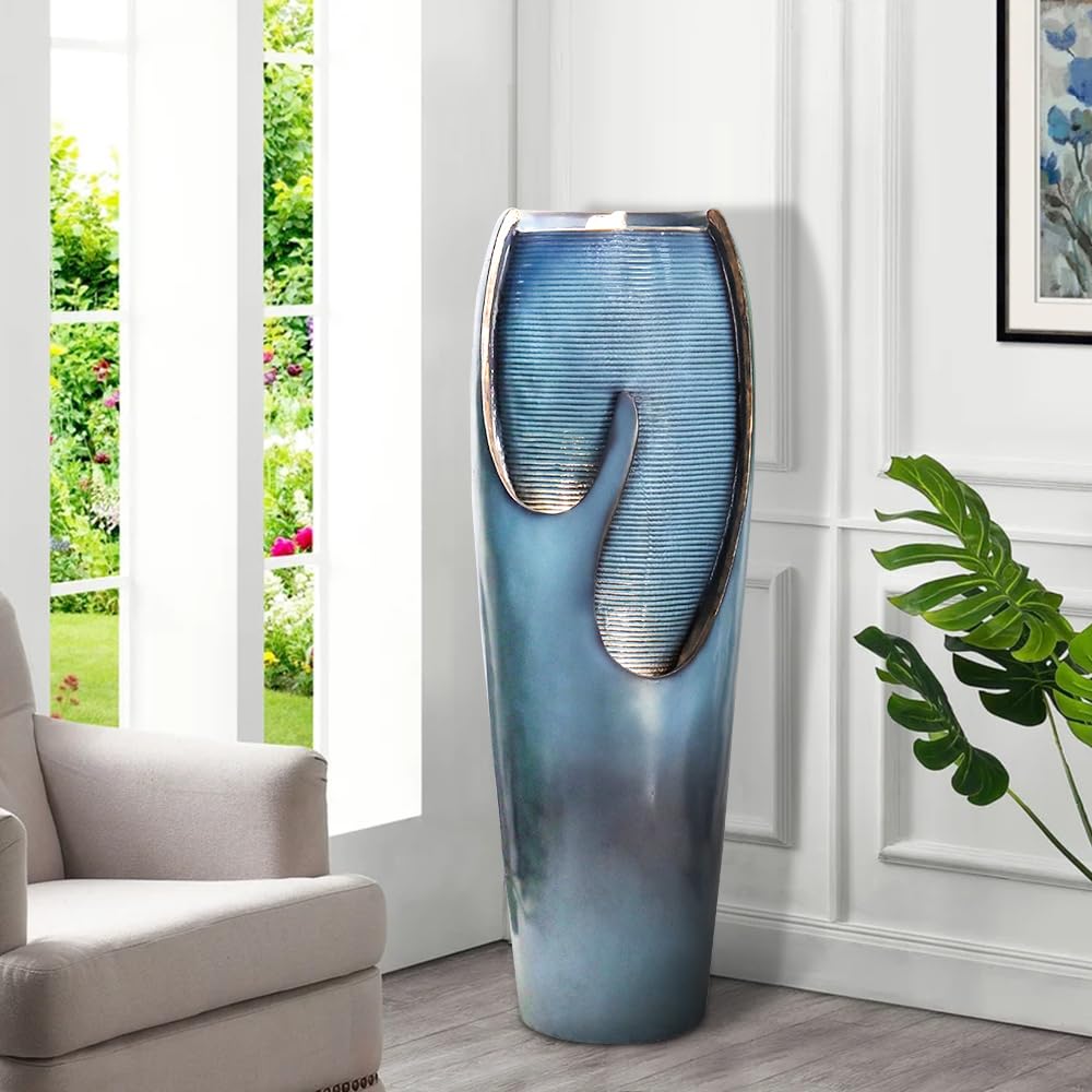 watnature 38.7”Tall Outdoor Water Fountains and Waterfalls - Indoor Water Urn Fountain, Modern Floor Standing Water Fountains with LED Lights and Pump for Garden, Patio, House Decor