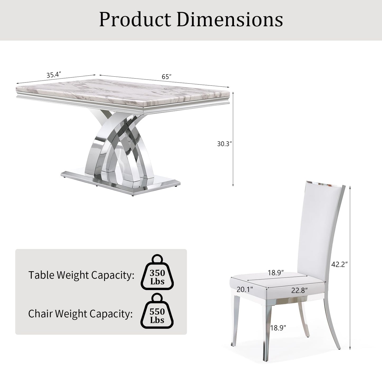 AUZ 7 Piece Dining Room Table Set for 6, White and Silver Kitchen and Dining Room Table Set with 65" Rectangle Table and 6 White Velvet Dining Chairs