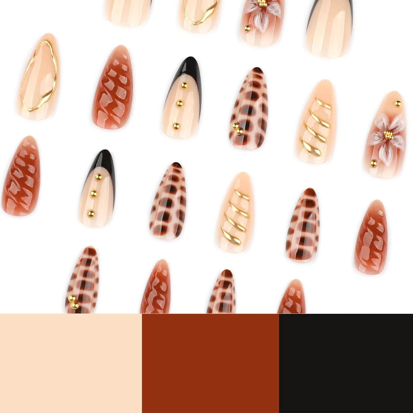 Brown Soft Gel Press On Nails Medium Almond Faken Nails with 3D Flower Designs Gold Edge Nails Press ons Snake Pattern False Nails Glossy Reusable Glue on Nails for Women Girls 24PCS