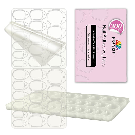 300PCS Nail Adhesive Tabs for Press on, EBANKU Waterproof Nail Glue Stickers Ultra-Thin Press on Fingernail Sticky Tabs in 15 Size, 10 Sheets Double Sided Transparent Fingernail Tape for Manicure