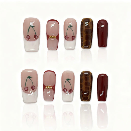 Reusable Press On Nails for Women & Girls - Short Almond Shape, Green Gradient with 3D Hand-Sculpted Florals, Holiday Party Manicure (G-Crimson Square, S)