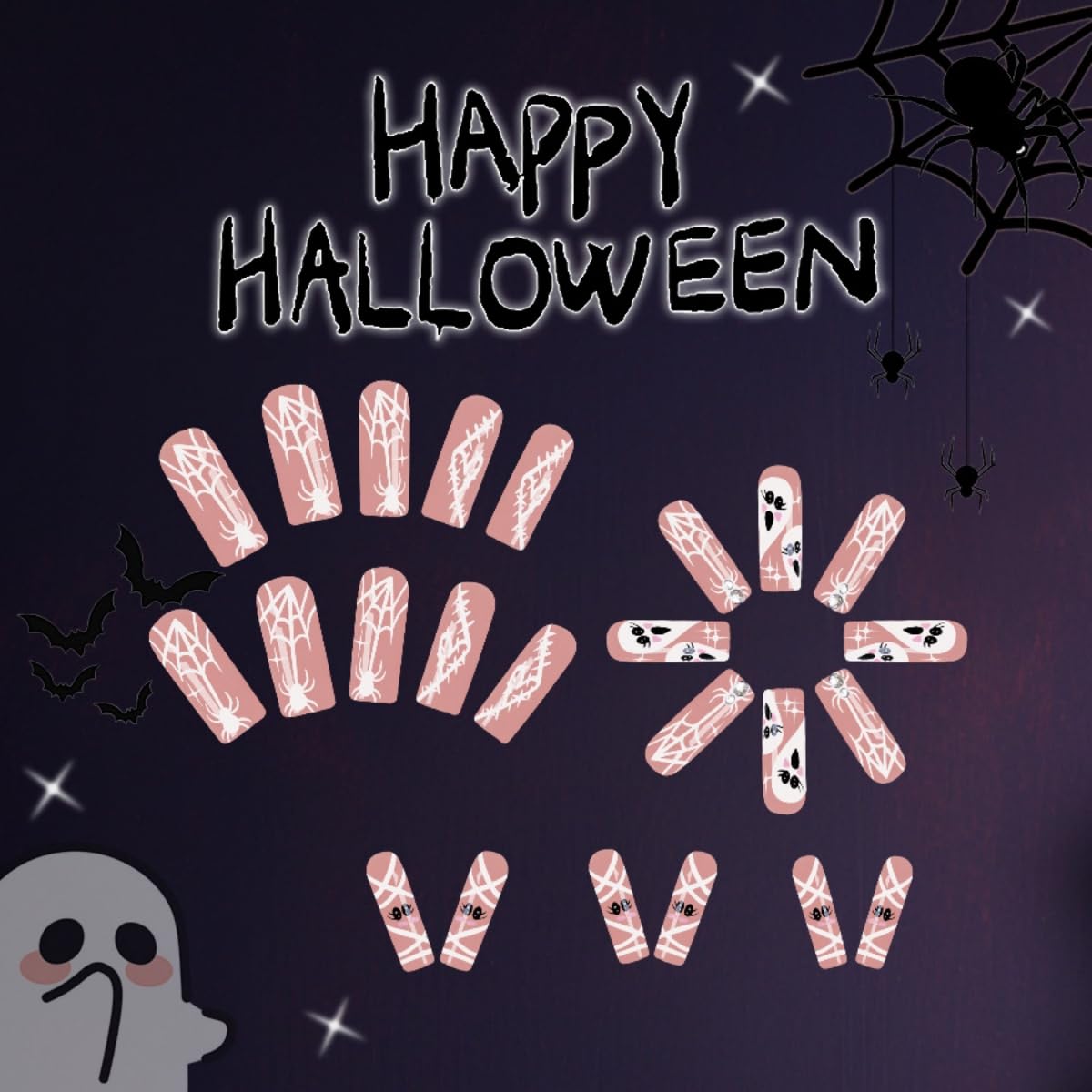 24Pcs Halloween Press on Nails Long Square Fake Nails Spider and Spider Web Ghost Design Stick on Nails Rhinestone False Nails Bling Artificial Full Cover Acrylic Glue on Nail for Women Girl Manicure