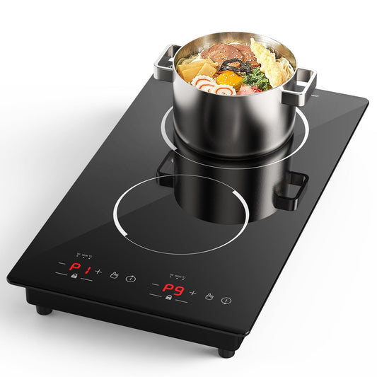 GIHETKUT Double Induction Cooktop,110V 2 Burner Induction Cooktop,2300W Electric Stove Top with Independent Control, Ultrathin Body, 9 Temperature, Multiple Power Levels, 2 Hour Timer, Safety Lock