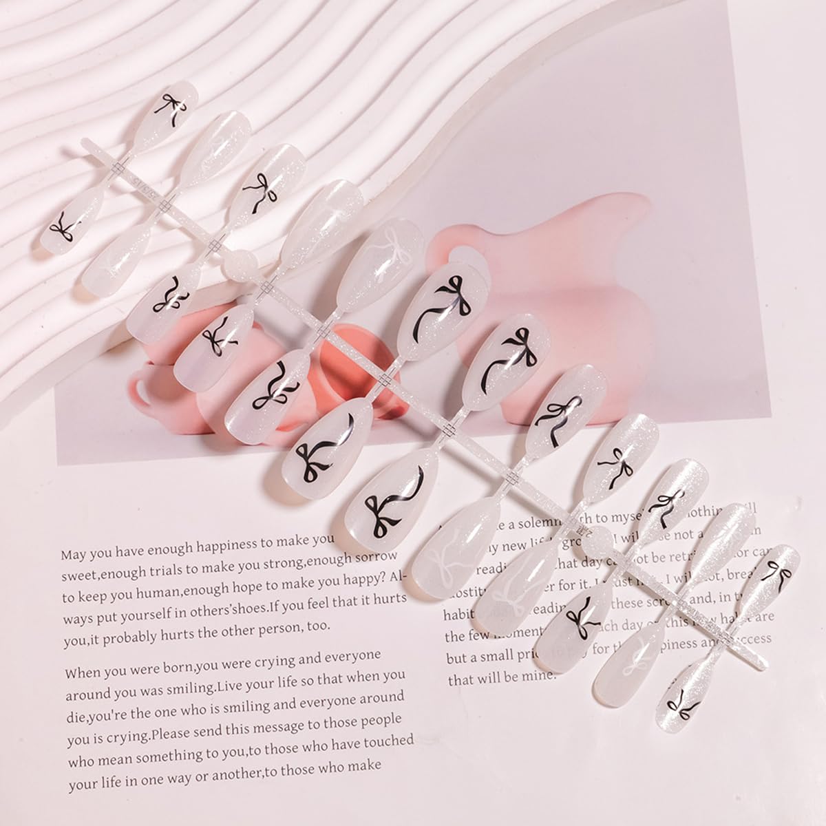 Silver Cat Eye Press on Nails - Medium Almond Fake Nails with Bow Designs False Nails Glitter Glue on Nails Reusable Full Cover Stick on Nails for Women Manicure 24Pcs