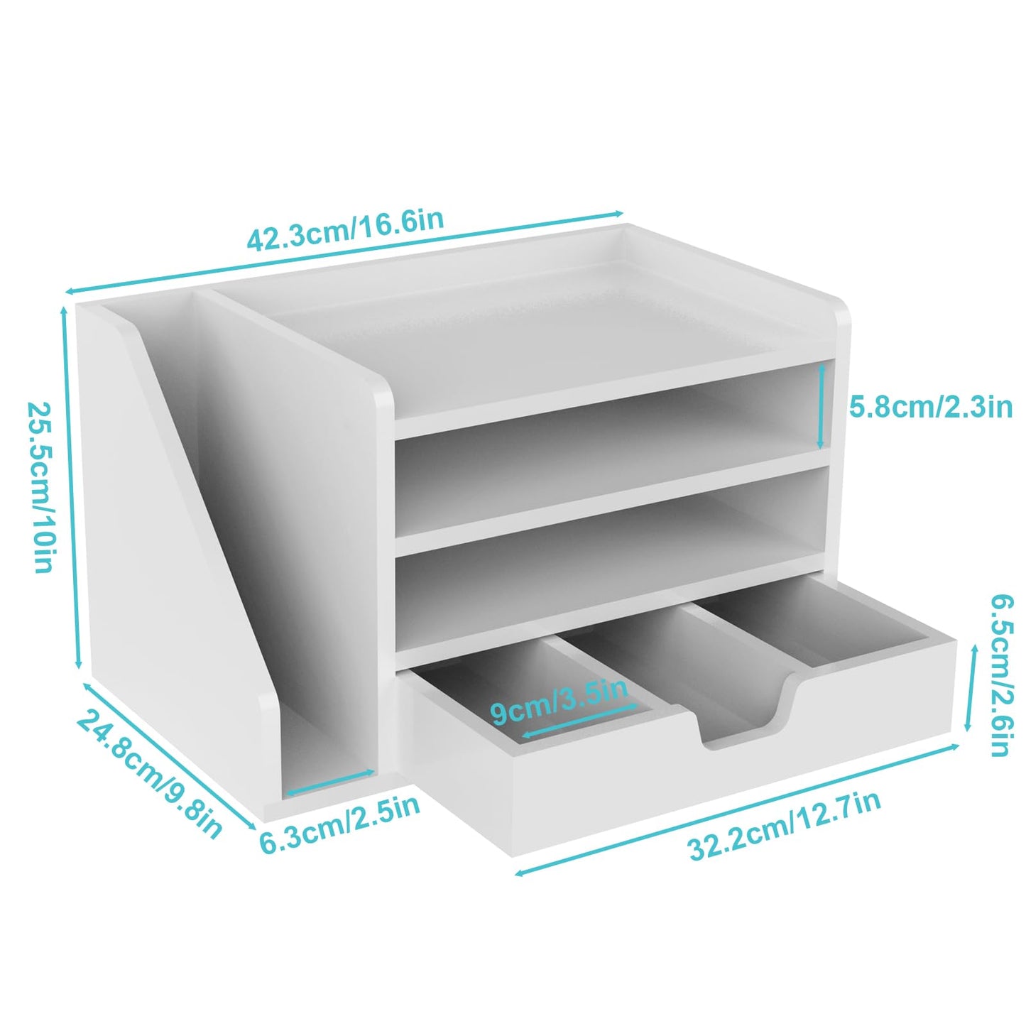 NiOffice Multi-Tier Wood Desk File Organizer with Side File Rack, 3 Tray Shelves & Adjustable Drawer - Space-Efficient Design Easy to Assemble for Efficient Office Setup, Reduces Desk Clutter (White)