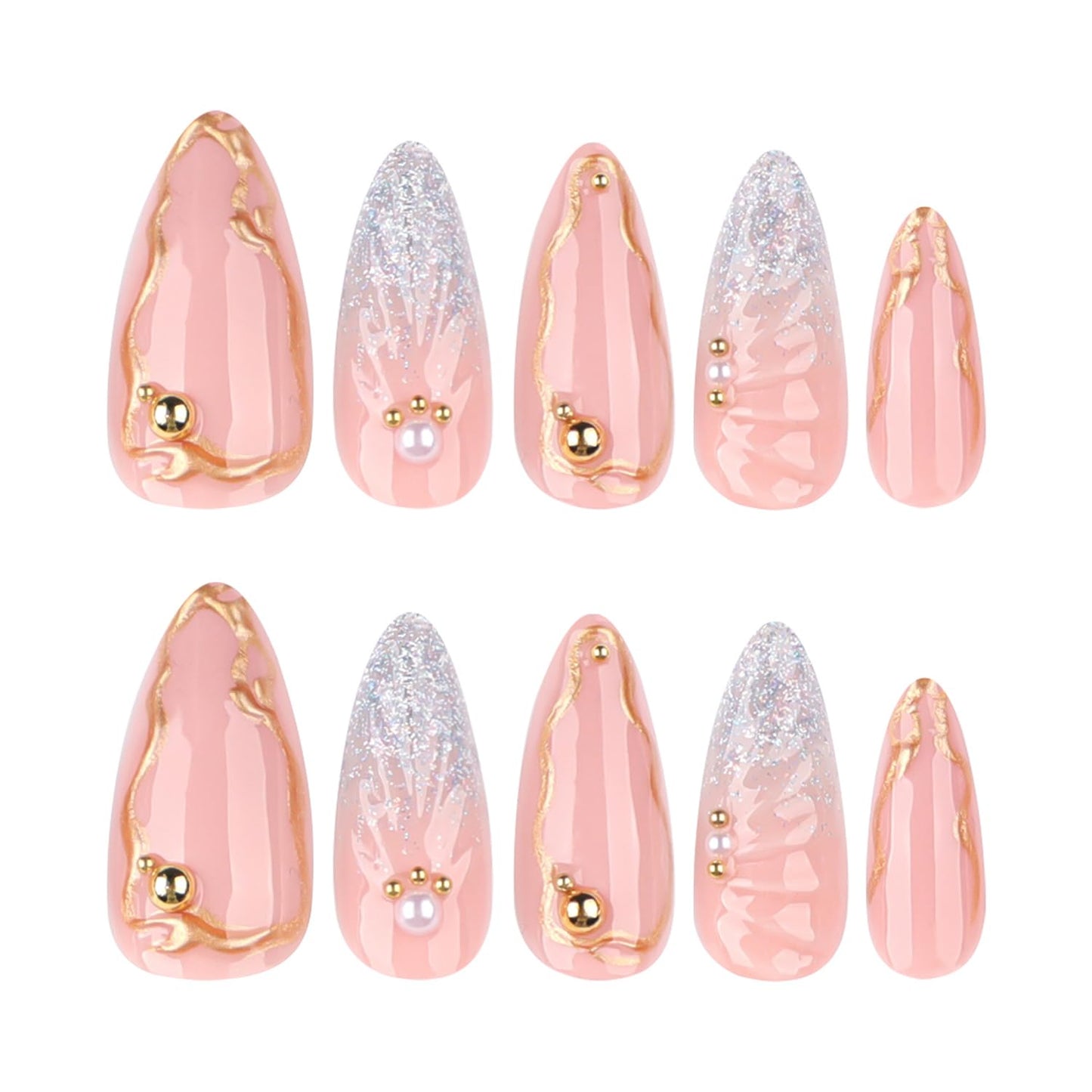24pcs French Tip Press on Nails Medium Almond Fake Nails Pearl Full Cover Silver Glitter Design Gold French Ripple Line False Nails Acrylic Nail Cute Finger Manicure Decor Artificial Nails for Women