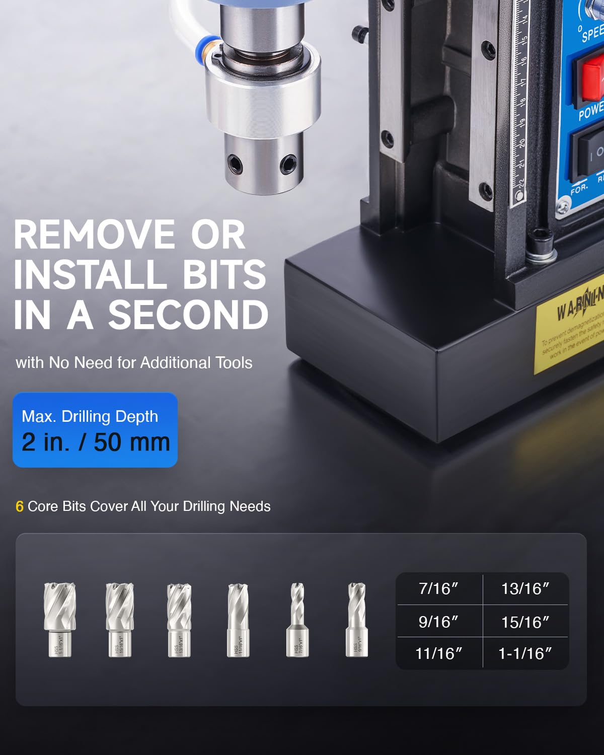 ZELCAN Magnetic Drill Press with 6 Drill Bits, 1550W Mag Drill Press with 2" Dia. 3125 lbf/13900N Mag Force, 650 rpm Power Magnetic Drill with Stepless Speed & Reversible Direction for Metal Surface