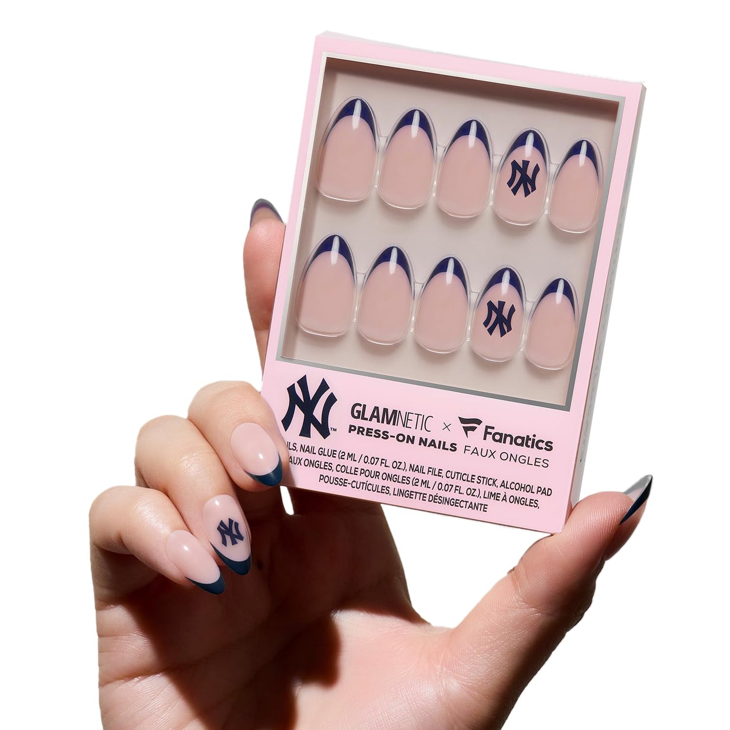 Glamnetic x Fanatics Press On Nails - New York Yankees | Short Almond Fake Nails, MLB Yankees Navy French Tips, Baseball Nails, Salon-Quality | 15 Sizes - 30 Nail Kit with Glue