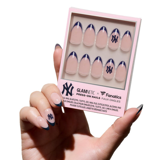 Glamnetic x Fanatics Press On Nails - New York Yankees | Short Almond Fake Nails, MLB Yankees Navy French Tips, Baseball Nails, Salon-Quality | 15 Sizes - 30 Nail Kit with Glue