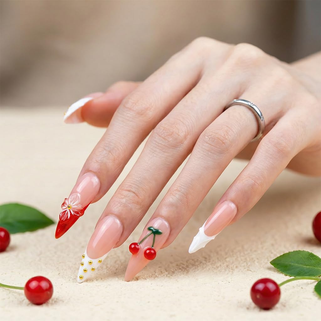 IntoVibes 10 Pieces Handmade Long Almond Press On Nails, White Thickened French False Nails, 3D Flowers And Cherries, Reusable Fake Nails Almond, Reusable Acrylic Nails (S)