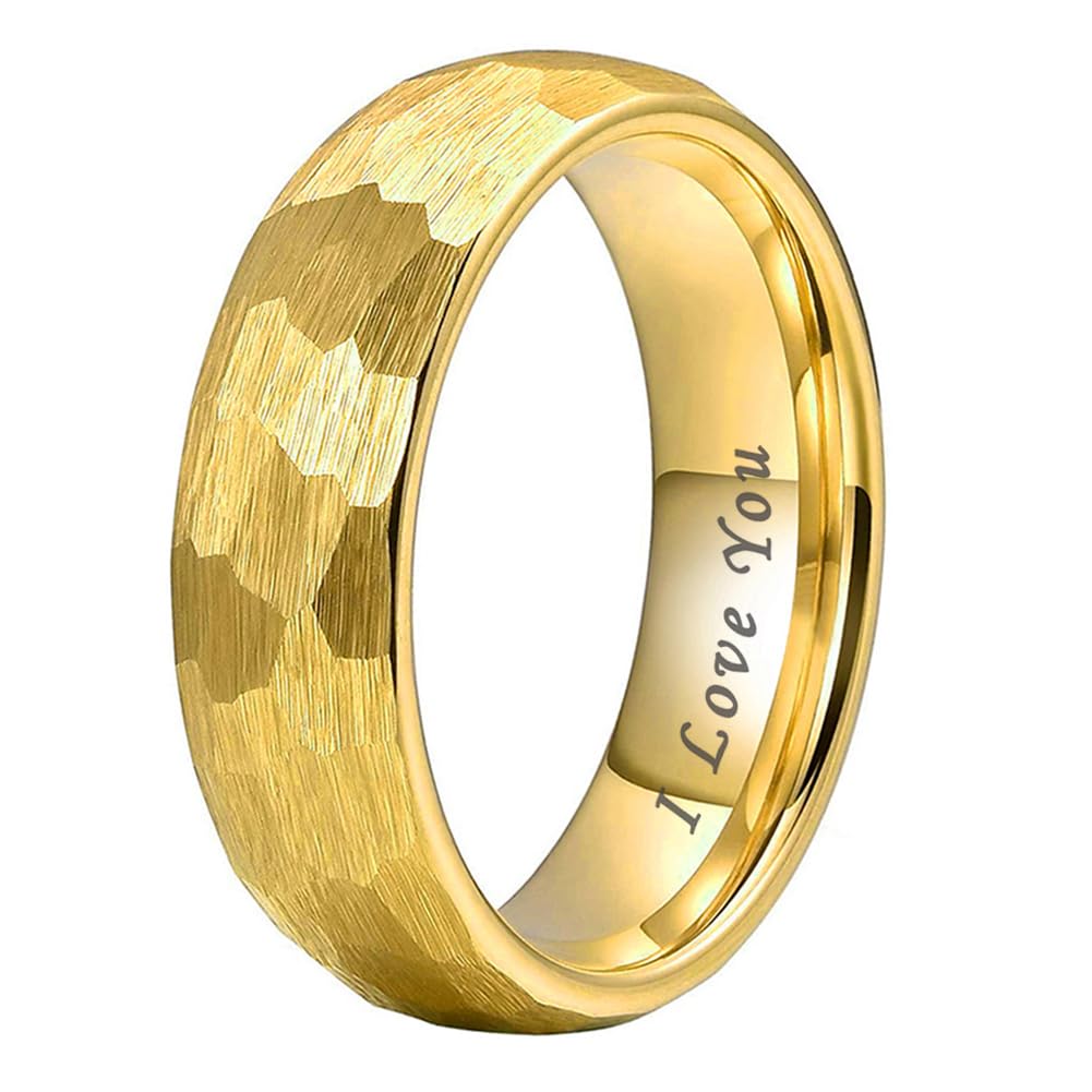 TUTISS 6mm Gold Hammered Tungsten Rings for Men Women Engagement Wedding Bands Domed I Love You Engraved Comfort Fit Size 8