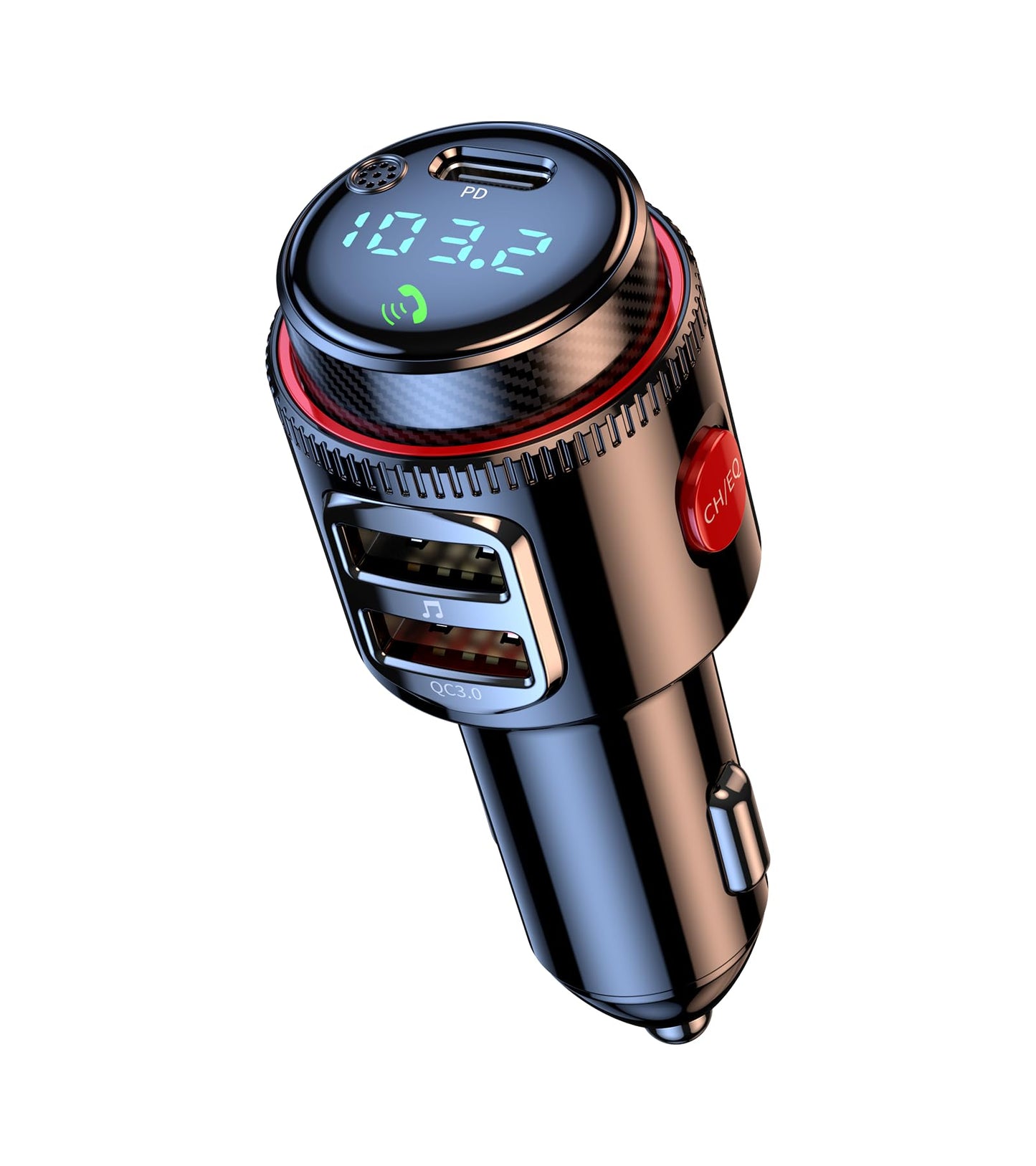 Bluetooth Car Adapter, Wireless AUX FM Transmitter, USB C&QC3.0 Dual Fast Charging, Cigarette Lighter Radio Music, Supports Hands-Free Siri Google Assistant & USB Drive, HiFi Bass Sound