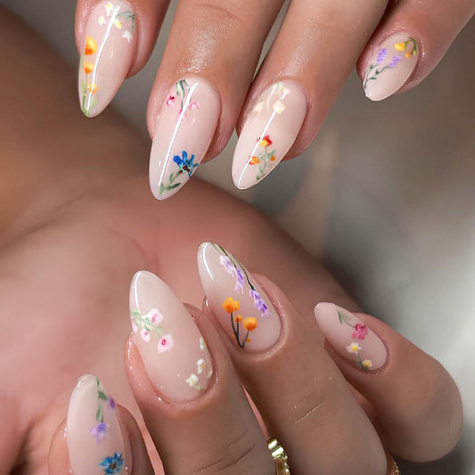 Medium Almond Press on Nails Fake Nails Flower False Nails with Floral Designs Nude Pink Glossy Glue on Nail Full Cover Spring Summer Acrylic Nails for Women Girls 24Pcs