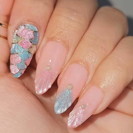 Hkanlre Almond Fake Nude Nails Tips Full Cover False Medium Nails Summer Flower Press on Nails for Women 24PCS