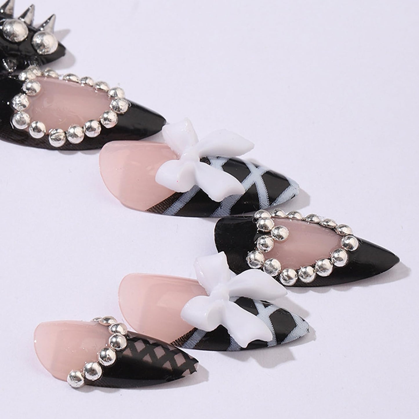 SINHOT Stiletto Press on Nails - Long Fake Nails, Glossy Finish, 3D White Bow & Pearl Hearts, DIY Artificial False Nail Art - 24 Pcs Nail Kit with Glue