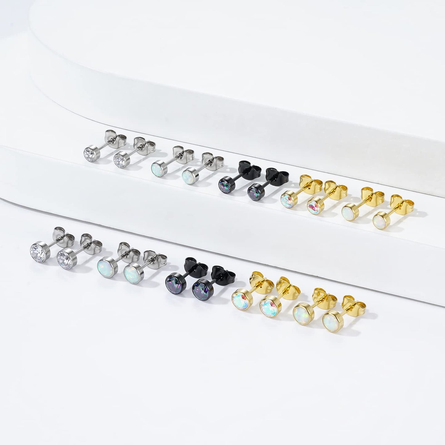 1 Pair G23 Titanium Stud Earrings Set Hypoallergenic 3mm 4mm 5mm 6mm Cubic Zirconia Studs for Women Men for Sensitive Ear(4mm bezel gold white opal)