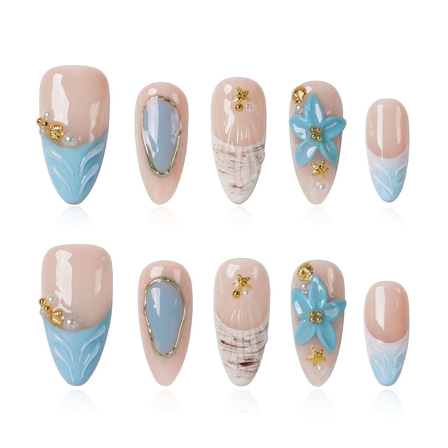 Tesytto Handmade Press on Nails Almond Shape Glossy Reusable False Nails for Nail Art (Coastal Bloom Melody, M)