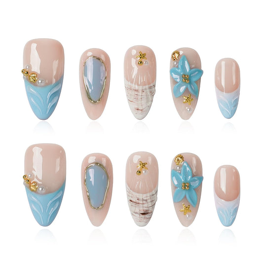 Tesytto Handmade Press on Nails Almond Shape Glossy Reusable False Nails for Nail Art (Coastal Bloom Melody, S)