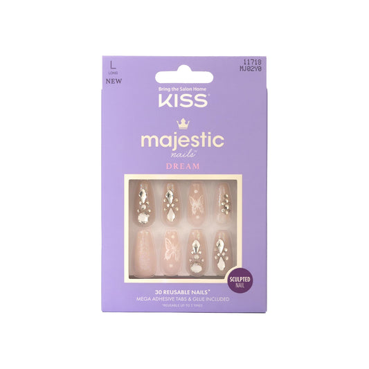 KISS Majestic, 30 Pcs Press On Nails, Medium Coffin Fake Nails, Pink Butterfly Glitter Design with Gems, Reusable Stick On Extensions Full Cover Kit with Glue, Adhesive Tabs, Manicure Stick & File