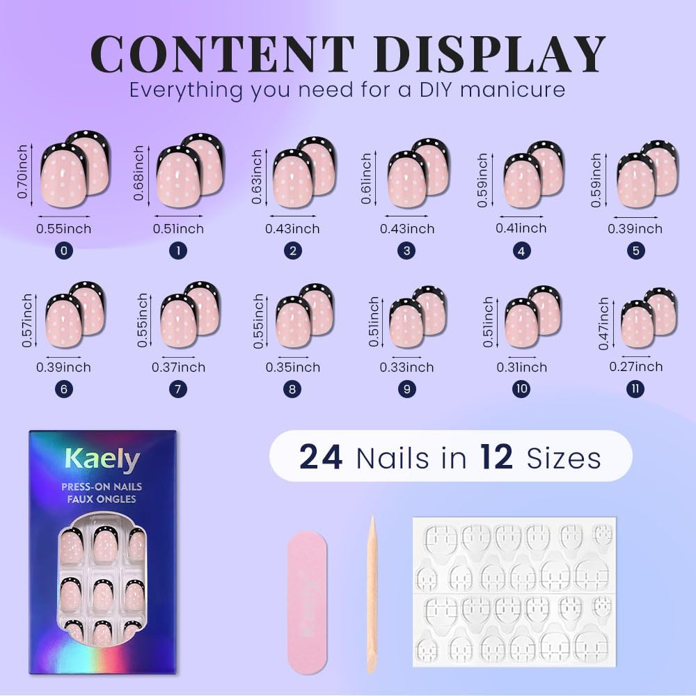 XZMeiLun Glossy Black Polka Dot French Tips Press On Nails Short Round – Salon-Quality Acrylic Fake Nails, Reusable Stick-Ons, Cute Mini DIY Kit | Spring Summer Nail & Girlss for Women & Daily/Party