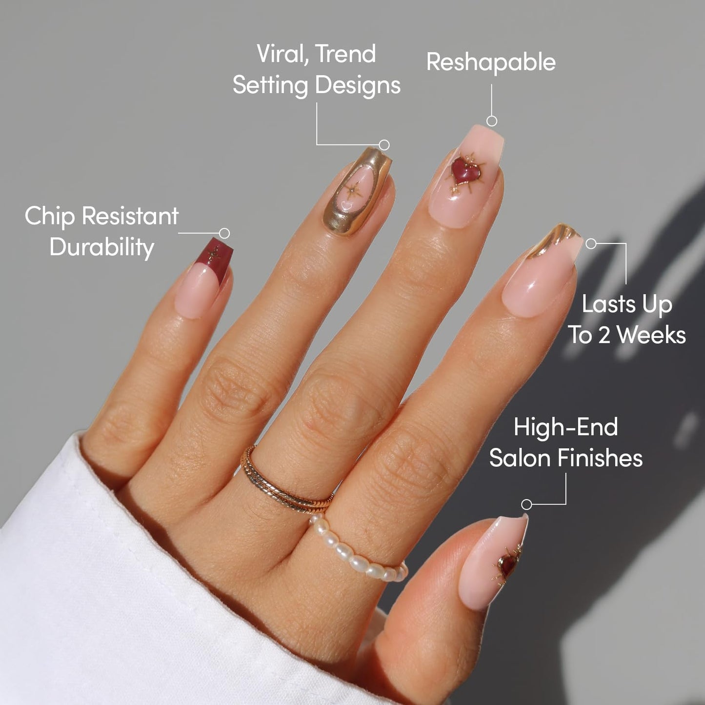 Glamnetic Press On Nails - Queen of Hearts | Medium Coffin Fake Nails with a Sheer Base, 3D Gold Metallic Designs and Deep Red French Tips | 15 Sizes - 30 Nail Kit with Glue