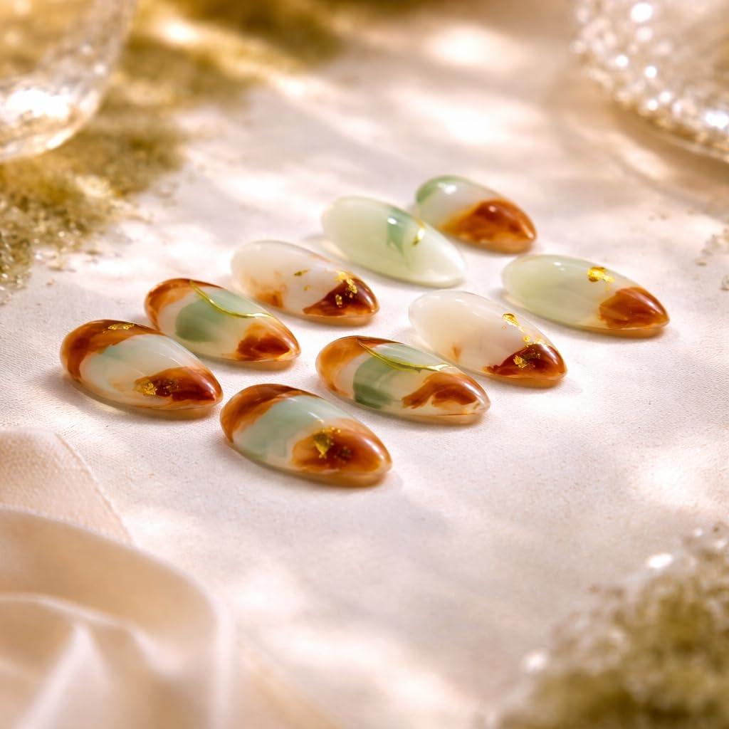 IntoVibes 10 Pieces Handmade Press On Nails Medium Almond, Green And WhiteThickened False Nails With Gold Thread Embellishment, Reusable Fake Nails Almond, Reusable Acrylic Nails (M)