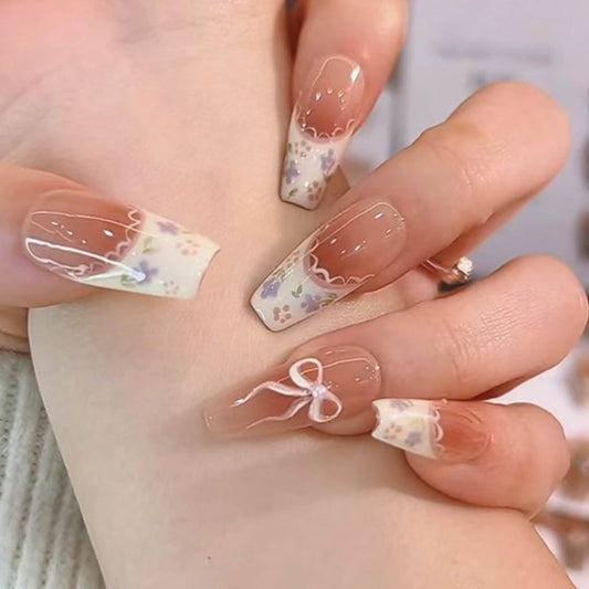 DANMANR Long Press on Nails Coffin French Fake Nails Full Cover Nude Acrylic Gradient False Nails for Women and Girls24PCS (Pink Lace)