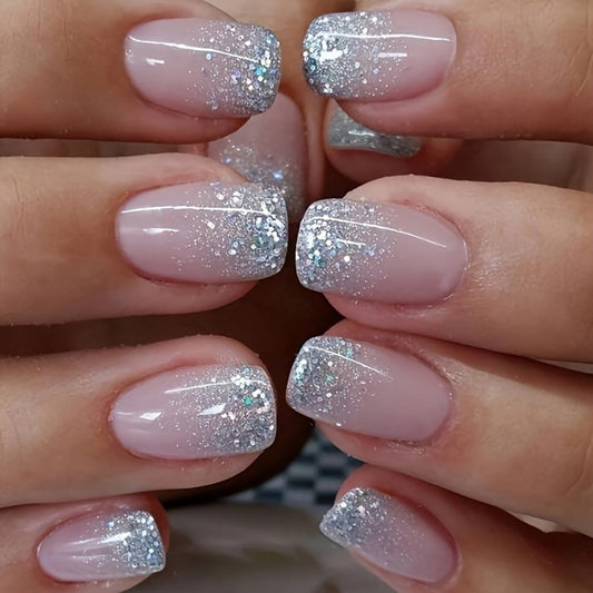 Hrnsnails Nails Press ons,Glitter Ombre Short Square Press on Nails Fake Nails Acrylic Artificial Nails Sparkly Sequins Stick on Nails for Women 24Pcs