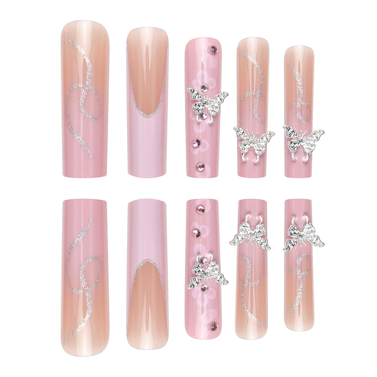 RUOKEXIN Pink French Tip Press on Nails Long Coffin Fake Nails Acrylic False Nails with 3D Silver Butterfly Designs Glitter Nail Press ons Glossy Artificial Nails Summer Stick on Nails for Women 24Pcs